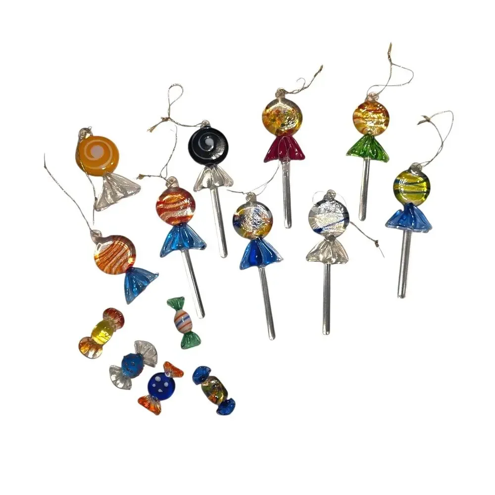 Set of 14 Vintage Murano Style Blown Glass Lollipop Ornament Christmas Candy Art